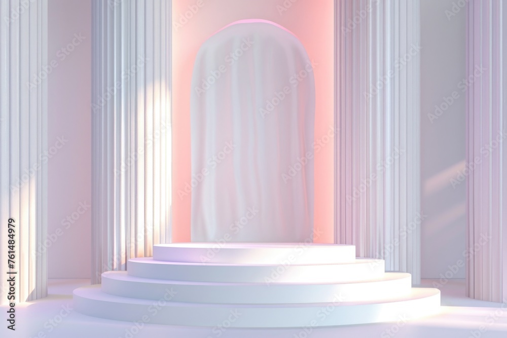 Poster A white stage with columns illuminated by a pink light. Ideal for event planning and entertainment concepts