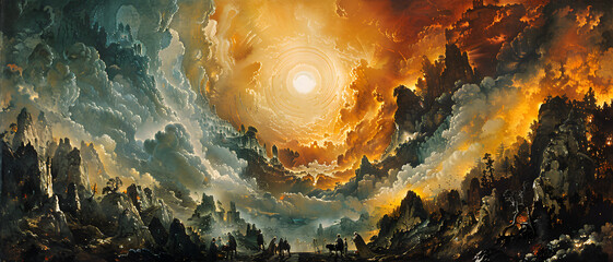 This epic landscape painting evokes an ominous yet awe-inspiring scene with a fiery sky that suggests an apocalyptic event