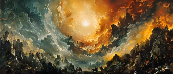 Papier Peint photo autocollant Kaki This epic landscape painting evokes an ominous yet awe-inspiring scene with a fiery sky that suggests an apocalyptic event