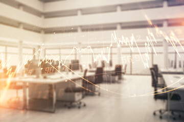 Obraz premium Double exposure of virtual creative financial diagram on a modern furnished office interior background, banking and accounting concept