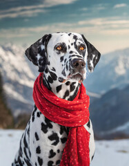 Pies rasy Dalmatyńczyk w czerwonym szaliku na tle gór. Generative AI