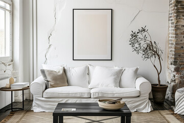 Luxurious White Sofa and Black Coffee Table Against White Wall in Contemporary Home