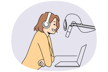 Smiling woman in headphones record podcast talk in microphone in studio. Happy female host with mic speak at live broadcast. Occupation. Vector illustration.