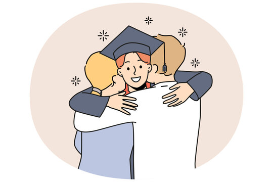 Smiling student in graduation robe and hat hug excited parents greeting at university. Happy mother and father embrace congratulate male graduate. Vector illustration.