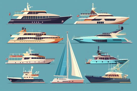 Collection of different boats on a blue backdrop. Ideal for travel and transportation concepts