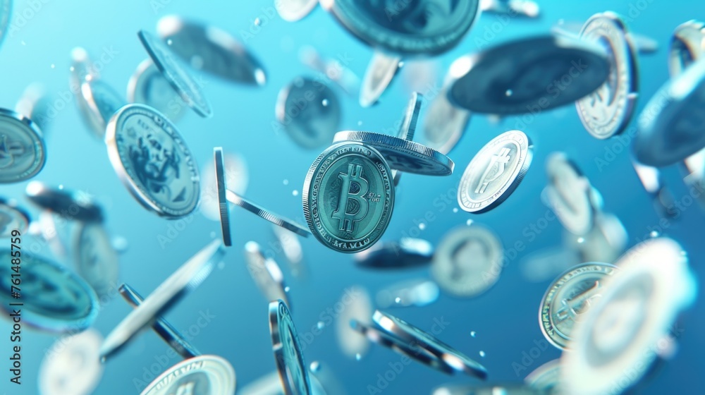 Poster A dynamic image of coins flying through the air. Ideal for financial concepts and investment themes