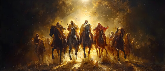 Dramatic scene depicting horsemen charging with purpose and passion through a cloud of golden dust and light - obrazy, fototapety, plakaty