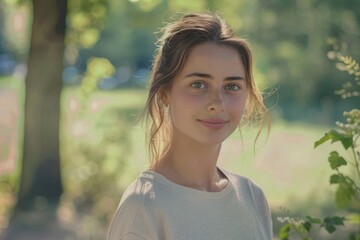 A young woman standing in front of a tree. Suitable for nature-themed projects