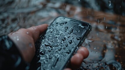 Person holding a cell phone in the rain, suitable for technology and weather concepts