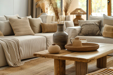 Rustic Coffee Table and Beige Sofa in Japandi Boho Style Home Decor