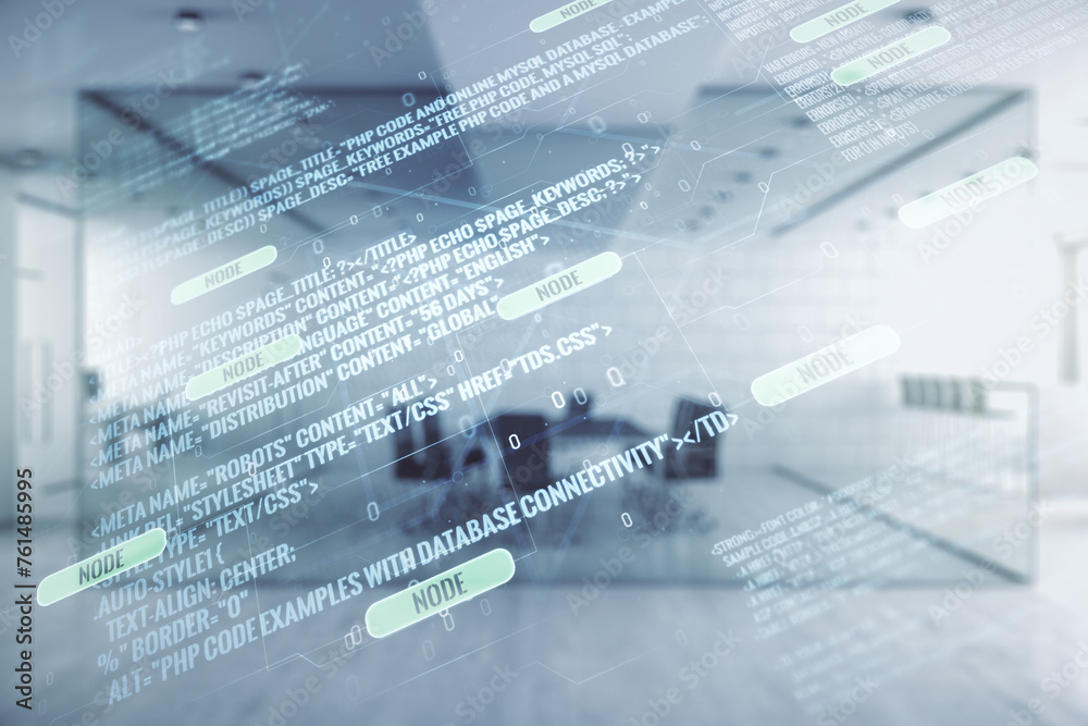 Aufkleber multi exposure of abstract software development hologram on modern corporate office background, rese