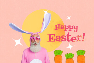 Creative abstract template collage of funny old man pink rabbit costume carrot happy easter concept unusual fantasy billboard comics