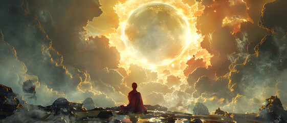 A tranquil scene with a monk in red robes sitting by a cosmic eclipse surrounded by dreamlike clouds - obrazy, fototapety, plakaty