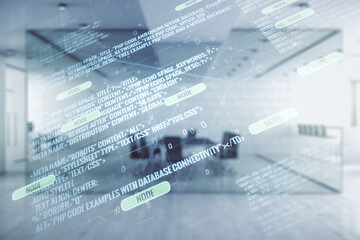 Multi exposure of abstract software development hologram on modern corporate office background,...