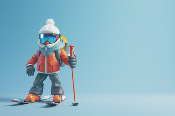 3D animated character in winter sports attire ready for skiing.