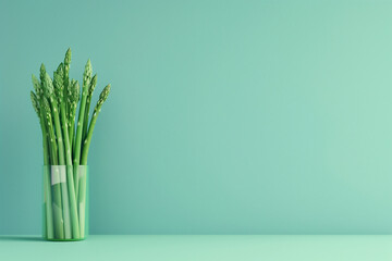 Asparagus pens in glass holder on teal background. - obrazy, fototapety, plakaty