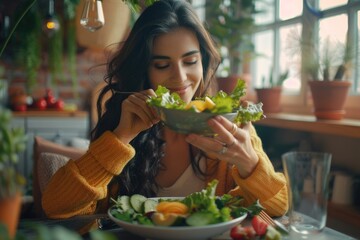 Woman sitting at a table eating a salad. Suitable for healthy lifestyle concepts