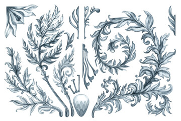 Watercolor abstract gray monochrome plant pattern and drawing of branch with leaves for borders, frames, background, textiles, fabrics, cards, souvenirs, packaging, scrapbooking, invitations, greeting