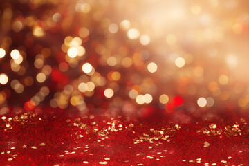 A dazzling background adorned with a luxurious red glitter bokeh texture against a rich golden...