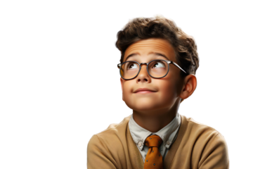 Portrait of a cute smiling little kid wearing glasses and looking up, isolated on white background