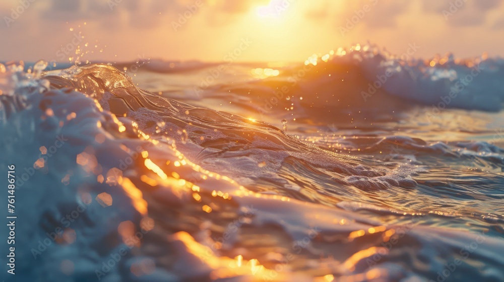 Poster close-up view of a wave in the ocean at sunset. perfect for nature and travel concepts