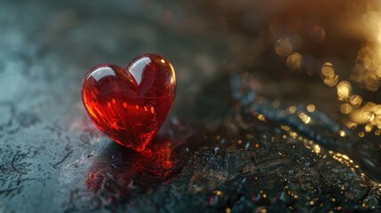 A red heart sitting on a wet surface. Suitable for love and romance concepts - obrazy, fototapety, plakaty