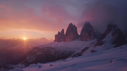 A beautiful snowy landscape with the sun setting over the mountains. Perfect for winter themes