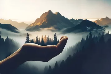 Photo sur Plexiglas Matin avec brouillard A silhouette hand holding combined with a photograph of a forest mountain background