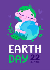 Earth day banner with girl hugging planet. Stylized colorful poster with world globe in child hands.
