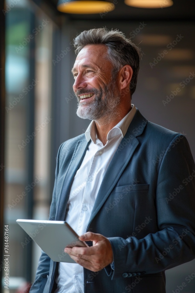 Poster a man in a suit holding a tablet computer, suitable for business concepts
