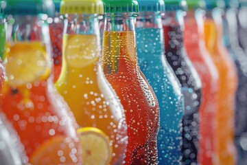 Row of soda bottles with various colored drinks, perfect for beverage industry promotions