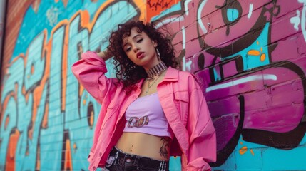 A young influencer creating content for her social media platform,  posing with stylish outfits and accessories against a colorful graffiti wall in an urban alleyway