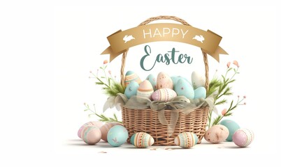Happy Easter banner. Illustration of Easter bunny, beautiful painted eggs and chicks in wicker basket on pink background. - 761487794