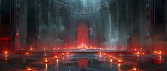 The majestic, high-ceilinged cathedral burns mysteriously, casting a dramatic interplay between light and shadow