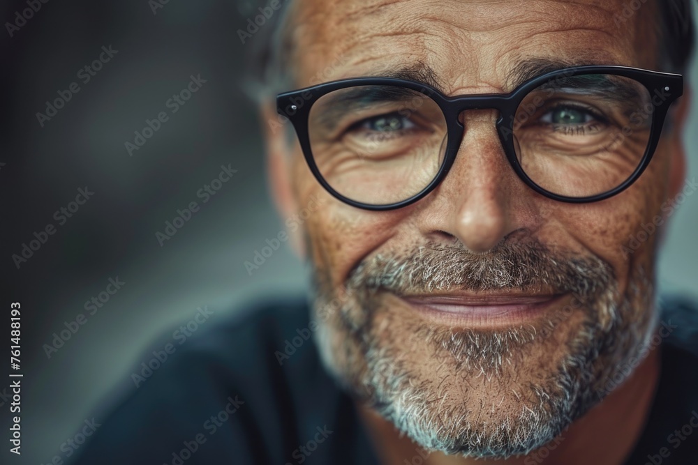 Canvas Prints A detailed close-up of a man wearing glasses. Suitable for various professional concepts