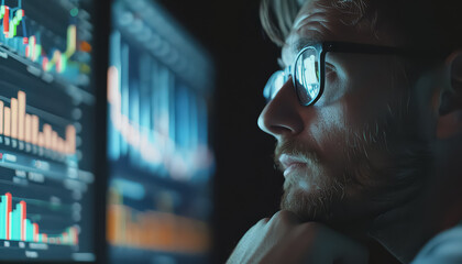 A man wearing glasses is looking at a computer screen with a lot of numbers - obrazy, fototapety, plakaty