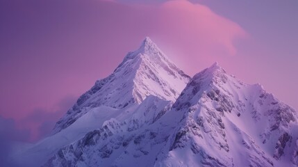 Snow covered mountain with pink sky, suitable for travel and nature concepts