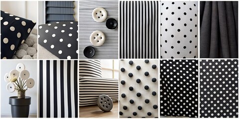 black and white fabric, stripes, polka dots