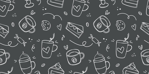 Doodle coffee and desserts seamless pattern. Coffee drawn with chalk on a black board. Sketch of different cups of coffee doodle vector illustration. Background for cafe shop, card, banner etc.