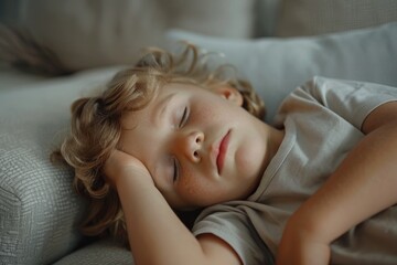 Fototapeta premium A peaceful image of a small child sleeping on a couch. Suitable for family and relaxation concepts