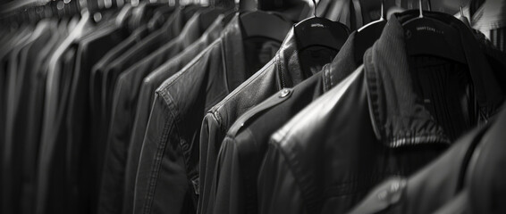 Black and white photo of clothes on rack, suitable for fashion or retail concepts