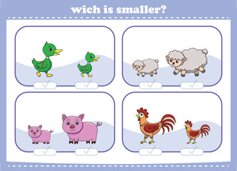 Education game for children choose the smaller picture of cute cartoon wild animals printable worksheet