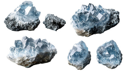 Celestite Collection: Heavenly 3D Digital Art of Blue Gemstone. Spiritual Crystal Set for Meditation and Healing Energy, Isolated on Transparent Background.