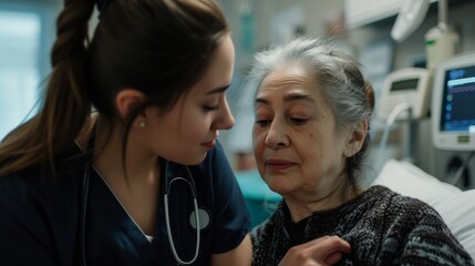 Healthcare and Wellness: A caring nurse in her mid-30s,  providing medical care and support to an elderly patient in a hospital room,  checking vital signs and offering reassurance