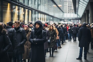 Unidentified group of people leisurely walking around the bustling urban city environment