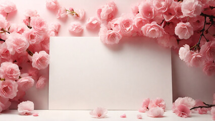 Fototapeta na wymiar Blank card with pink sakura flowers on white background, space for text.