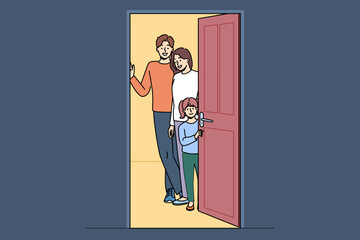 Happy family invites guests to housewarming party after buying or renting apartment, standing near open door. Smiling mom and dad say welcome, arranging housewarming party for close friends or parents