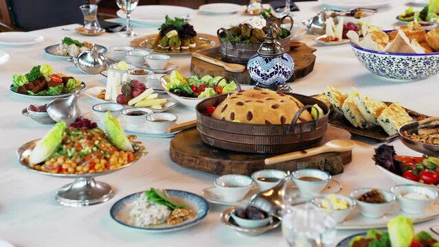 Traditional Turkish delicacies on the dining table. iftar table