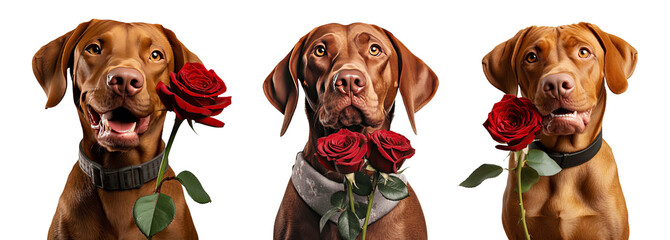 Set of Charming red-haired vizsla dog with eyes closed holds a red rose in his mouth as a gift for Valentine's Day on a white background