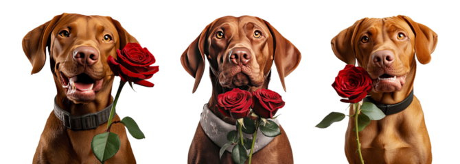 Set of Charming red-haired vizsla dog with eyes closed holds a red rose in his mouth as a gift for Valentine's Day on a white background